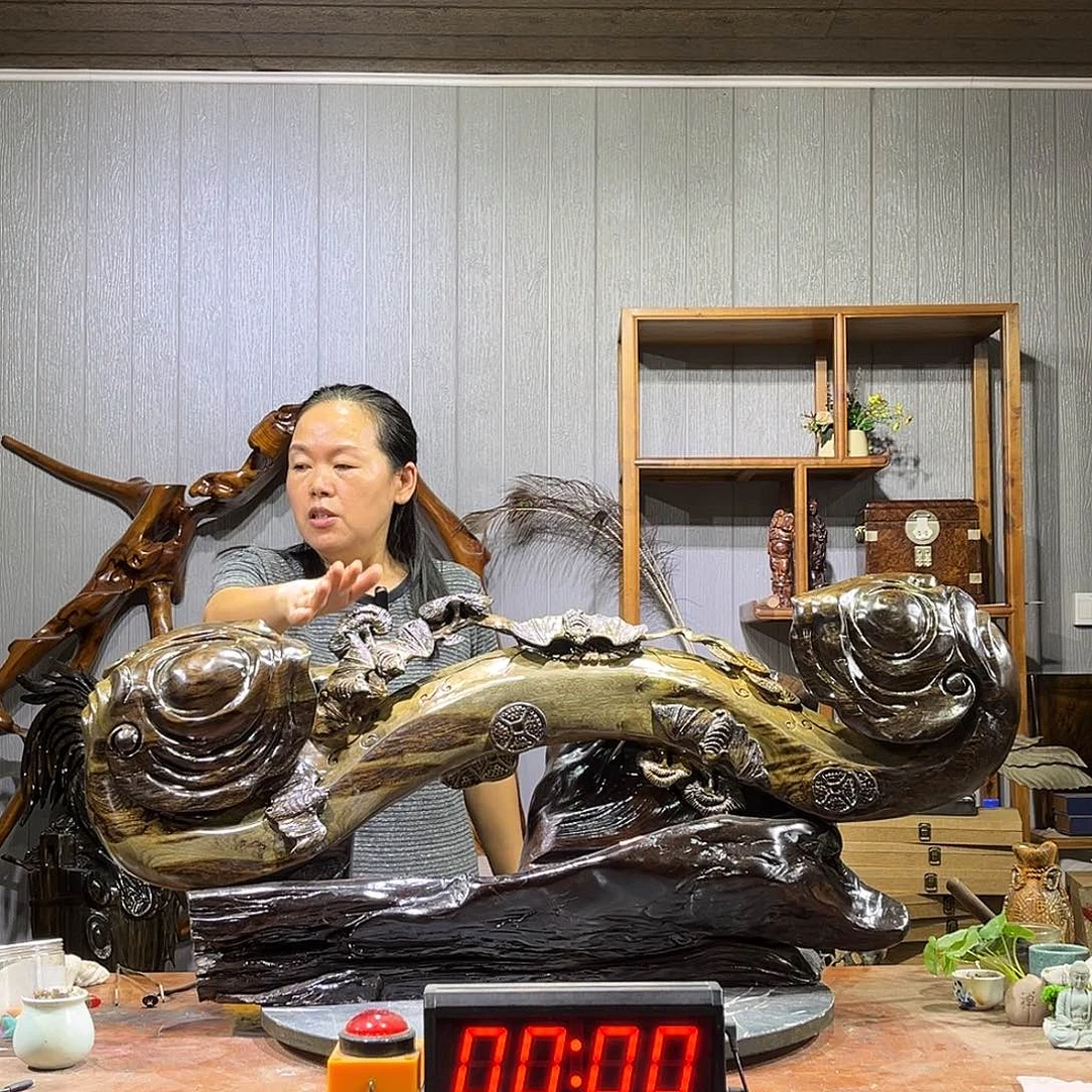 金丝楠阴沉木如意蝙蝠摆件