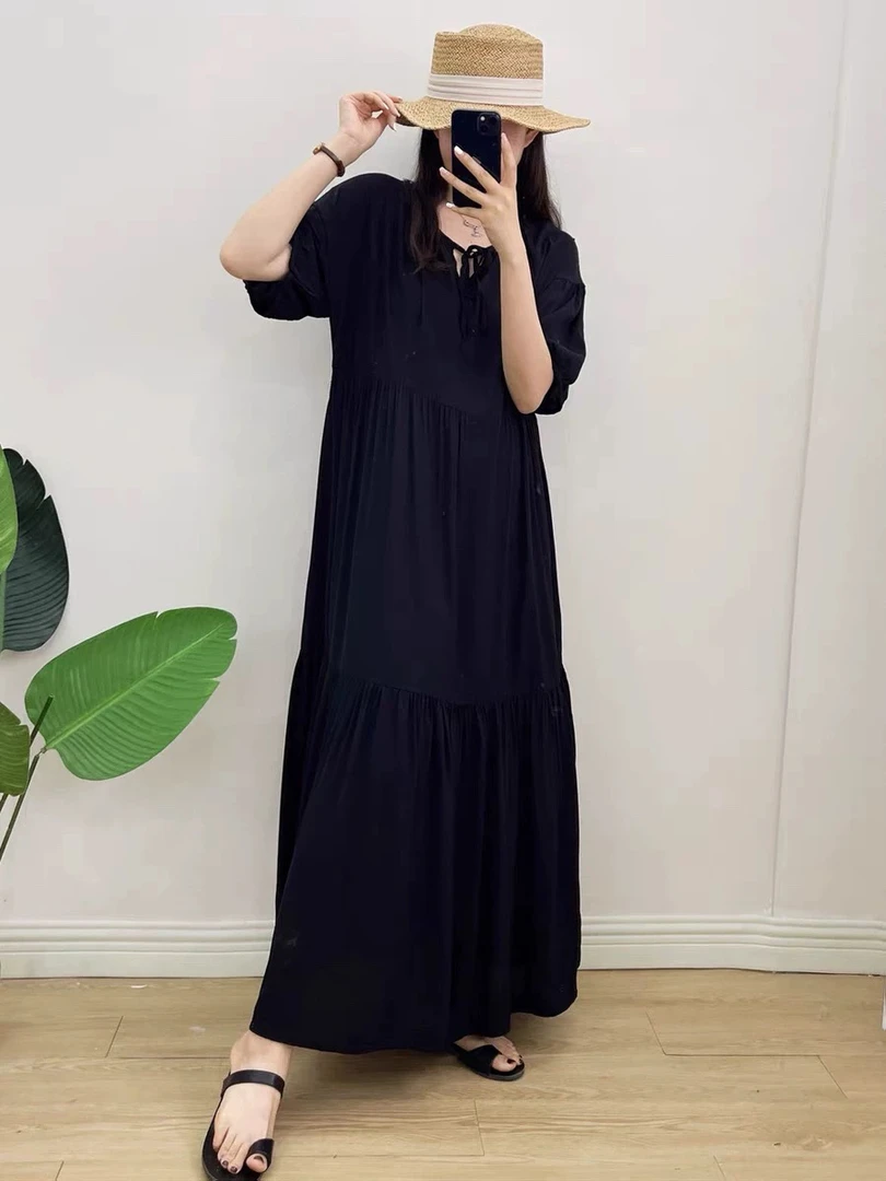 511棉绸连衣裙夏季薄款短袖圆领长裙收腰显瘦