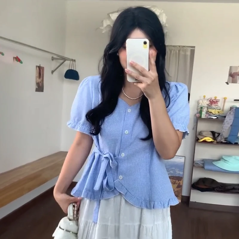 【8916】韩版设计感木耳边格子衬衫女夏季收腰高级感短袖衬衣上衣