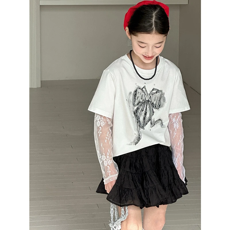 K28381亮钻蕾丝袖女童长袖T恤2025春新款打底衫女大童春秋上衣薄t