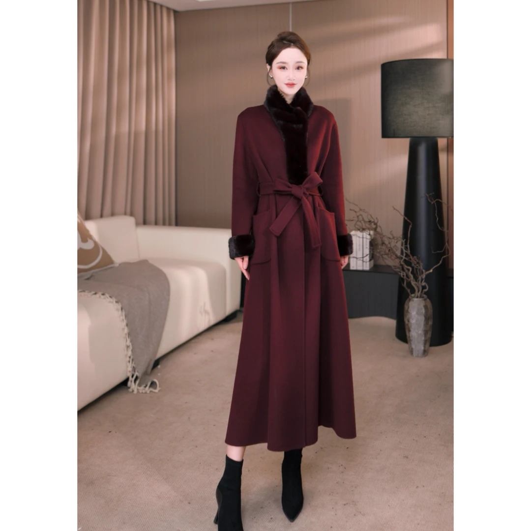 水貂毛领双面羊毛大衣女厚款秋冬中长款立领长款赫本风毛呢外套