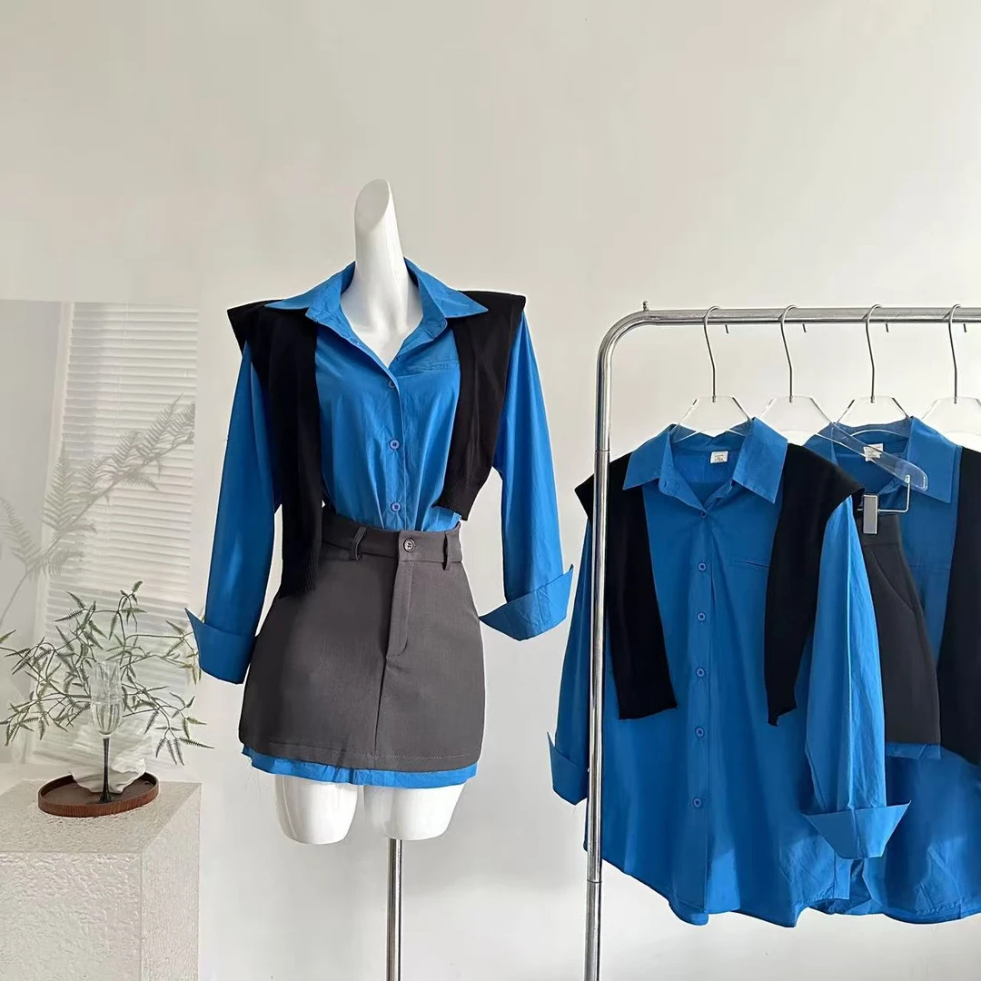 2025早秋新款时尚洋气韩系百搭通勤衬衣披肩高腰西装半裙三件套