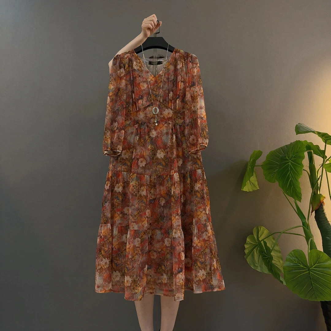 夏季新款碎花雪纺遮肉显瘦连衣裙