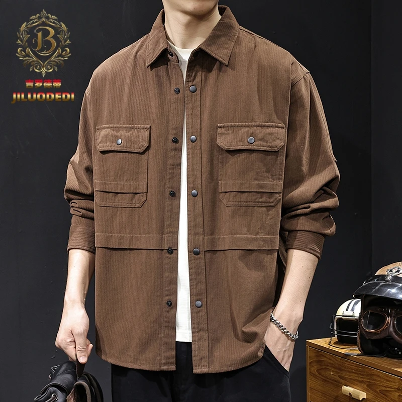 秋季2025新款竖条纹衬衫男长袖美式复古潮牌大码衬衣拼接外套春秋