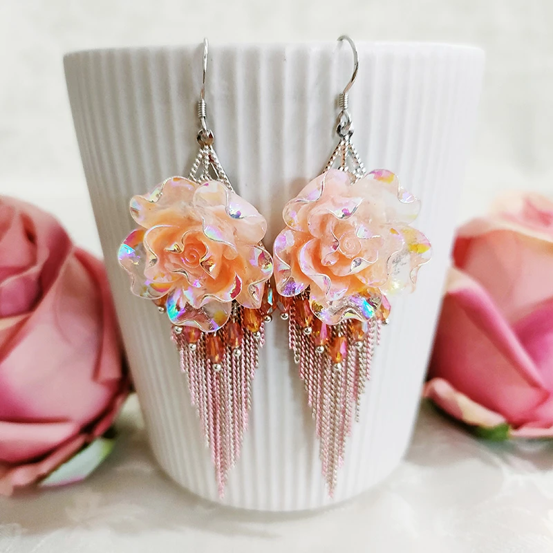 铜合金玻璃耳饰 民族风手工气质花瓣流苏耳环1065