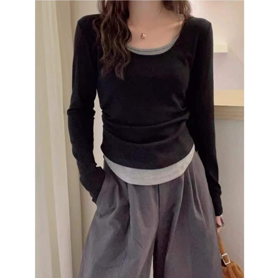 假两件撞色T恤女欧洲站2025早秋新款欧货女装时尚百搭打底小衫潮