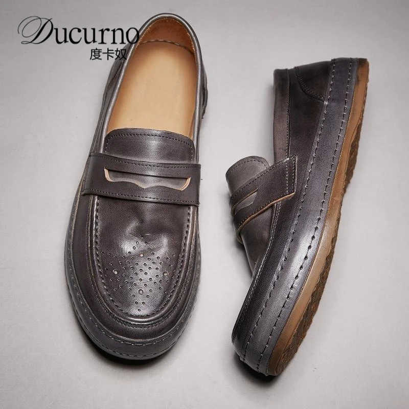 手工马皮鞋布洛克2025春夏季牛皮英伦高端透气休闲乐福鞋男一脚蹬