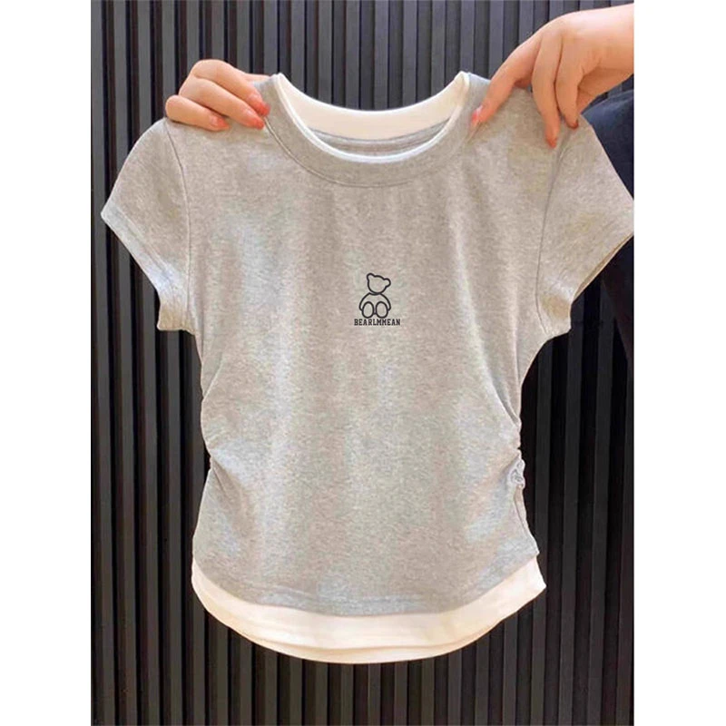 假两件正肩短袖t恤女2025夏季甜辣小众设计感收腰修身圆领上衣潮