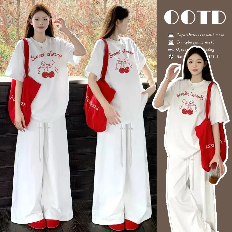 孕妇装夏季新款2025宽松慵懒风宽松樱桃T恤上衣休闲抽绳阔腿裤子