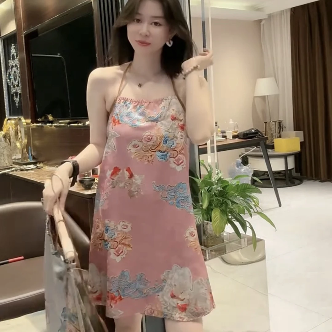 新中式民族风夏季宽松碎花系带露背女士吊带睡裙外穿显瘦