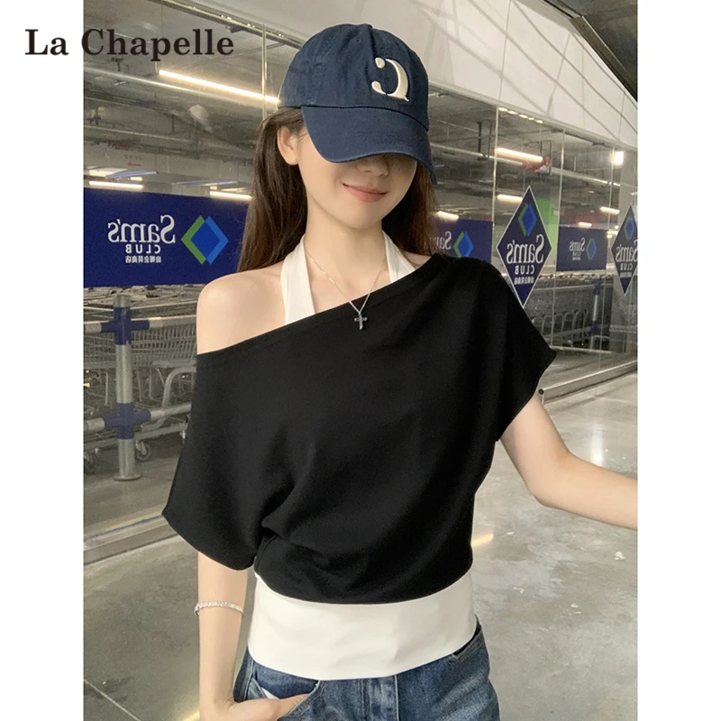 拉夏贝尔挂脖短袖打底黑色显瘦气质宽松洋气假两件百搭小众上衣