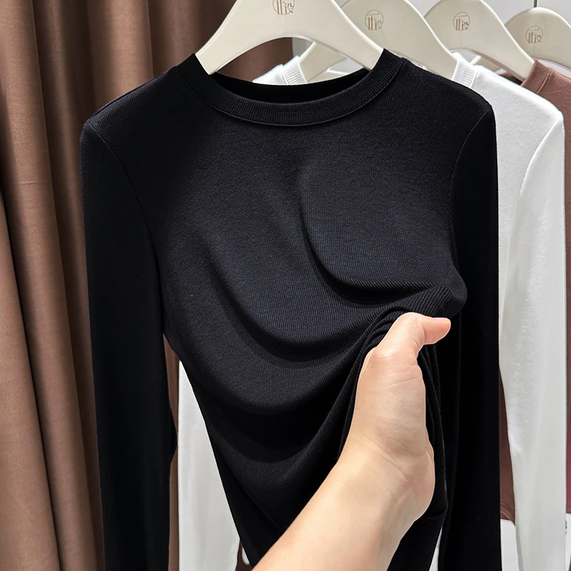 时尚黑色圆领打底衫女2025春秋季长袖修身内搭设计感小众正肩上衣