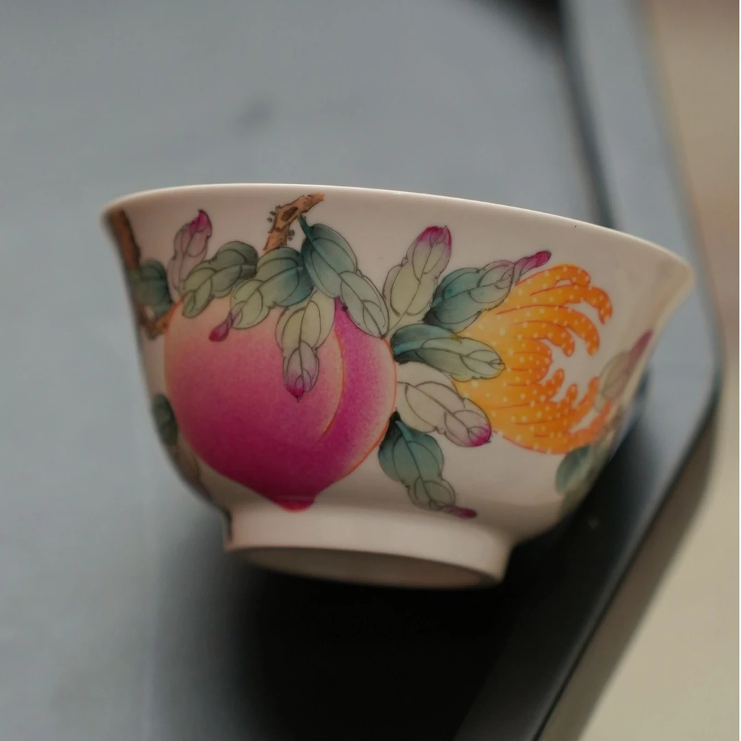 雅圣手工手绘三多主人杯景德镇粉彩石榴佛手桃子三多茶杯窑口茶器