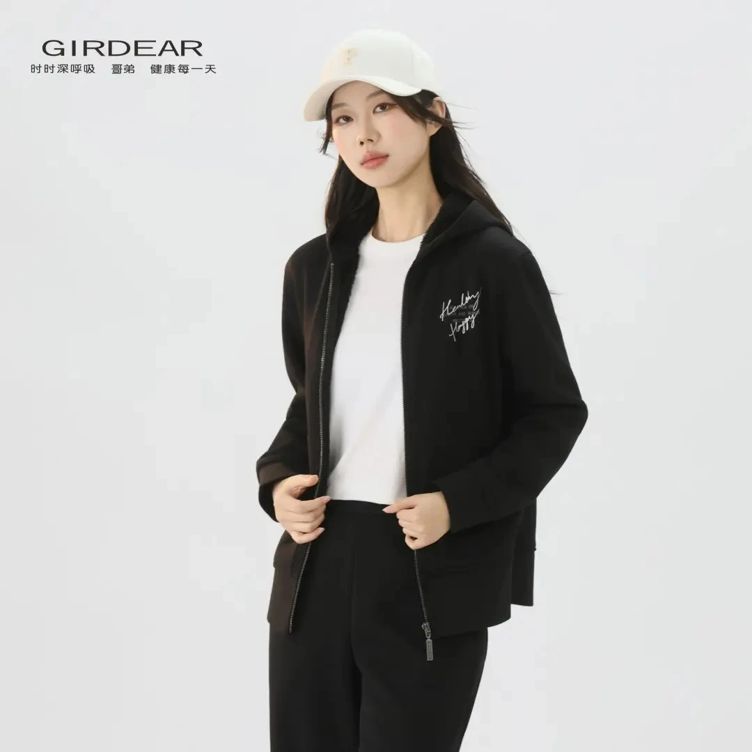 GIRDEAR/哥弟秋冬新款学院休闲宽松百搭印花连帽卫衣外套1400801