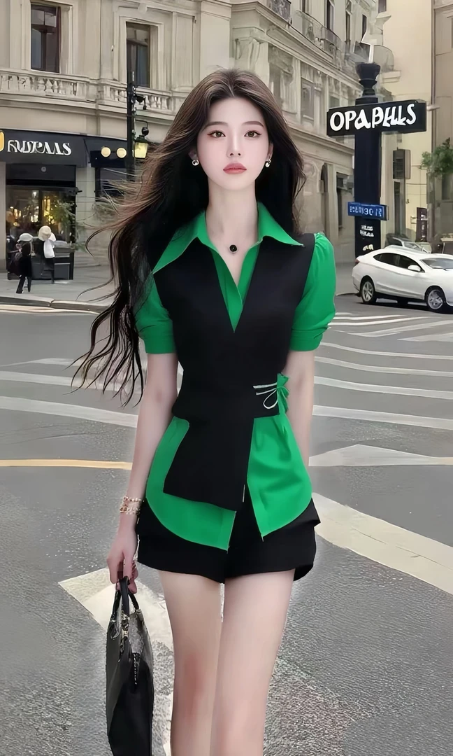 夏季温柔知性风设计感衬衫领修身收腰短袖绿色两件套女气质女装