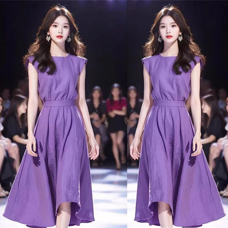 哥弟阿玛施正品洋气甜美风法式气质轻熟风松弛感紫色收腰连衣裙子