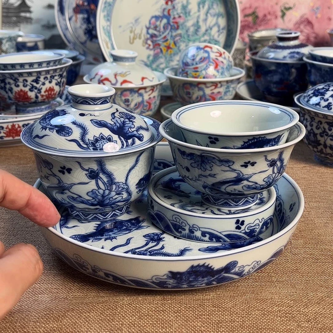 北***鱼高温景德镇茶具套装