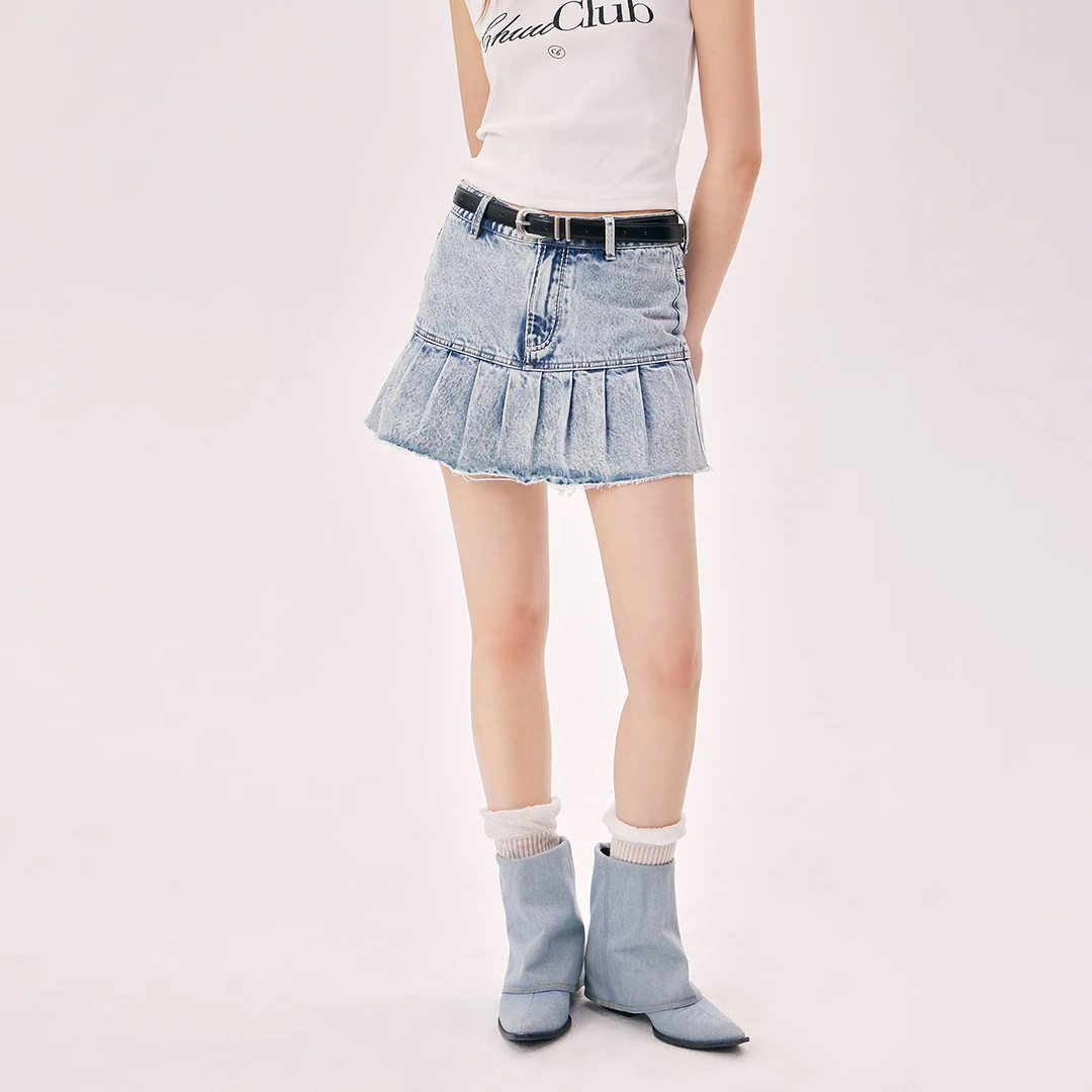 CHUU夏季女装韩系辣妹穿搭水洗做旧百褶蛋糕裙甜妹显瘦半身裙