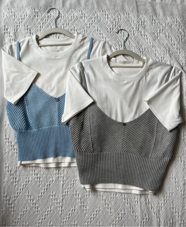 通勤日常灰色蓝色针织短袖两件套