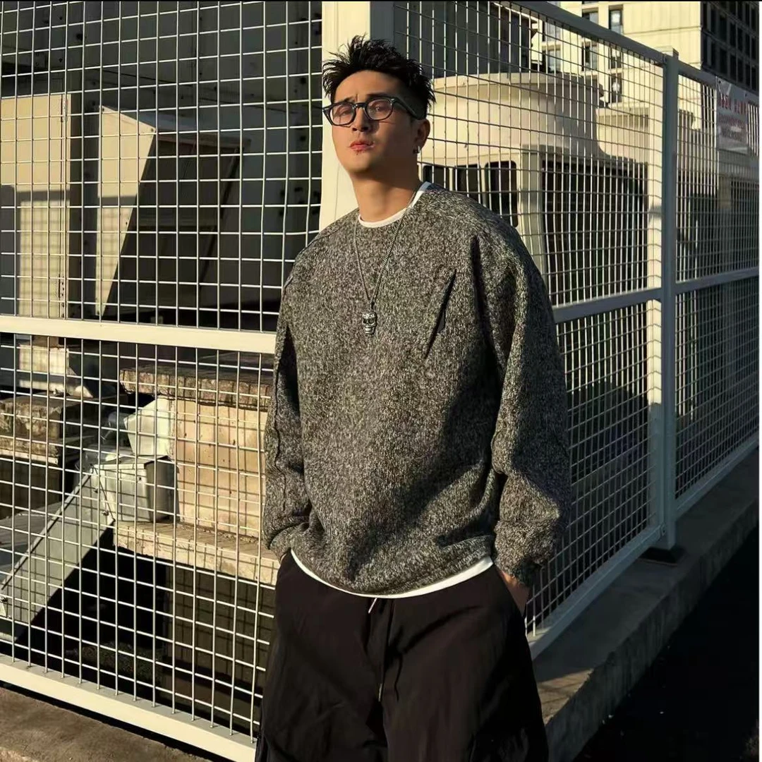 XDZZ二狗25ss秋冬磨毛加厚立体剪裁假两件打底圆领卫衣男款Y7386