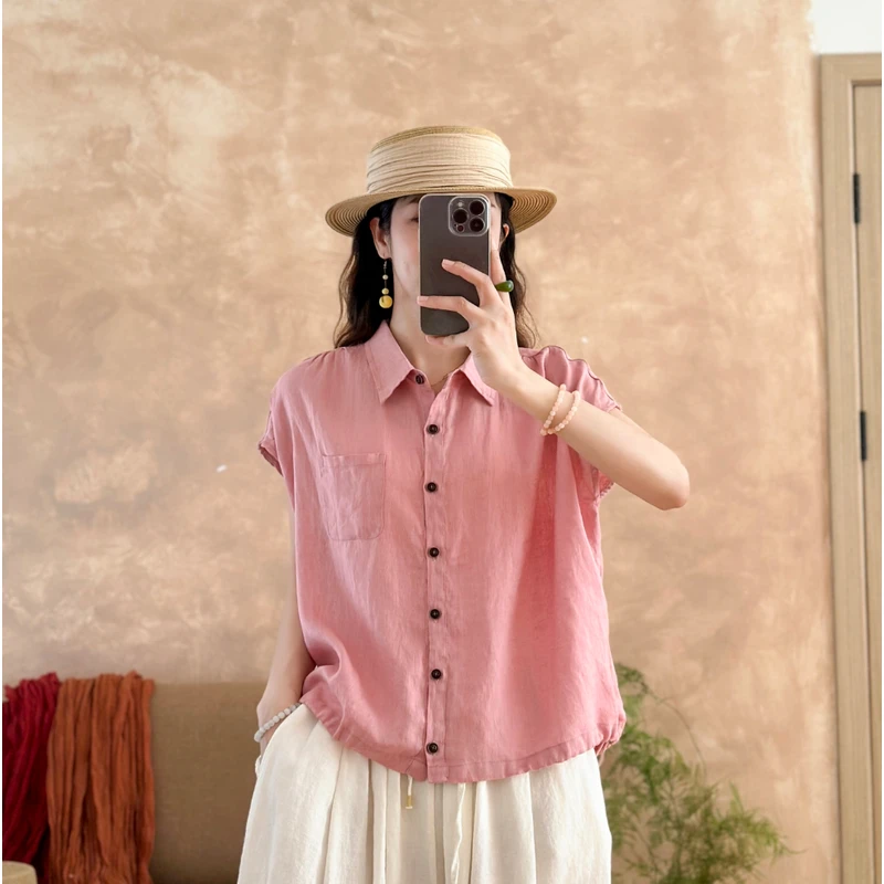 夏季新款纯亚麻小坎袖衬衫领开衫底边抽绳原创设计时尚百搭