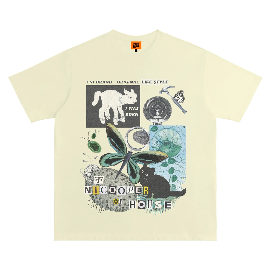 FNIFNI（羊驼猫咪）男女同款t恤美式复古纯棉短袖上衣24潮新款