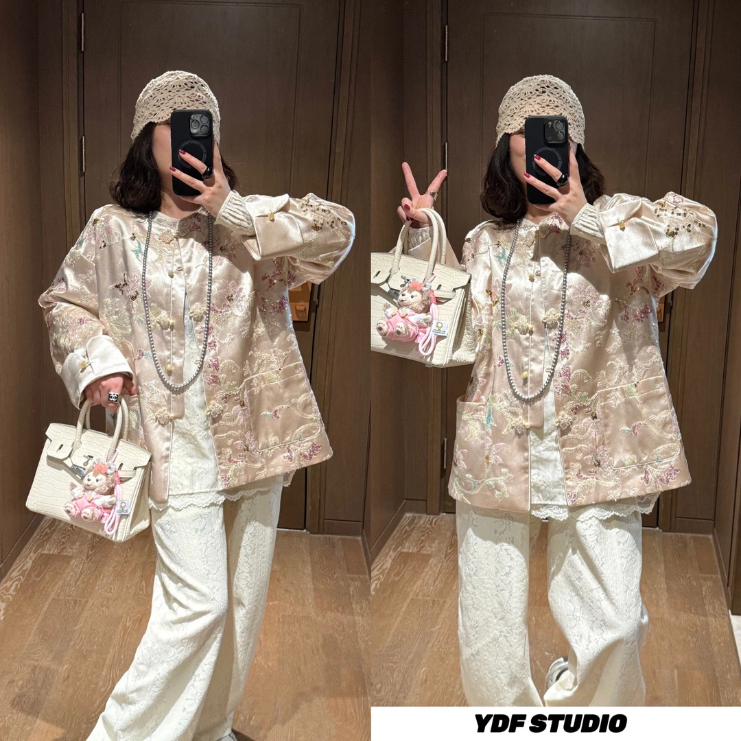 YDFSTUDIO小众【古莲风雅】新中式国风亮片刺绣花纹设计时尚外套