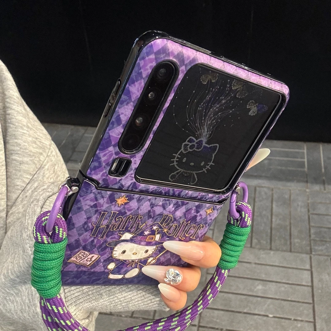 适用华为purax典藏版手机壳紫色皮质pocket2菱格纹魔法师kt猫手绳