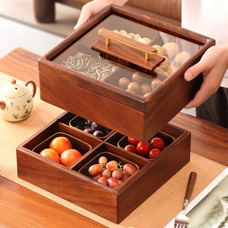 轻奢实木分格干果盒带盖钢化玻璃零食收纳盒轻奢围炉煮茶糖果盒