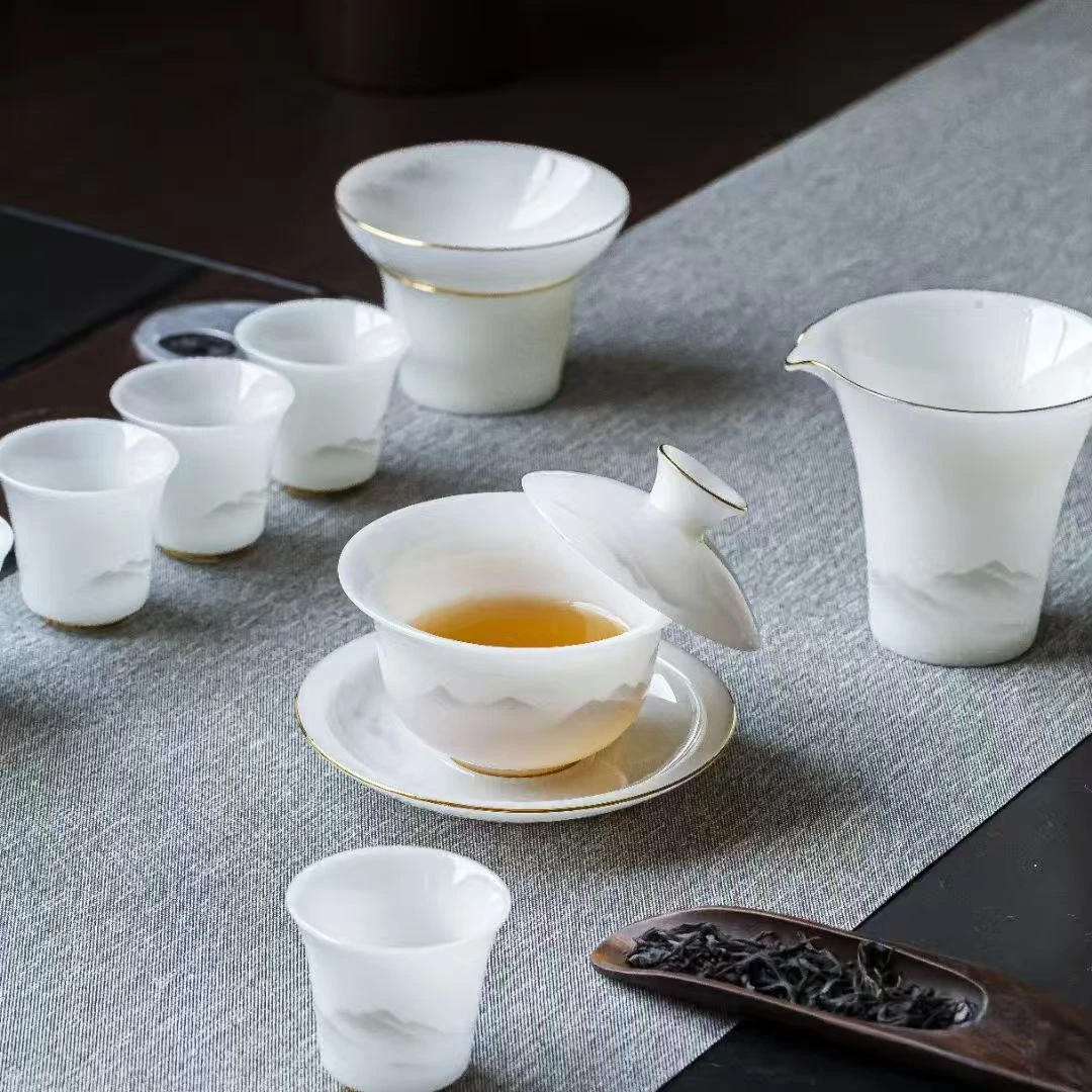 德化白瓷冰种璞玉贴花釉下彩茶具高档简约陶瓷描金家用送礼单品