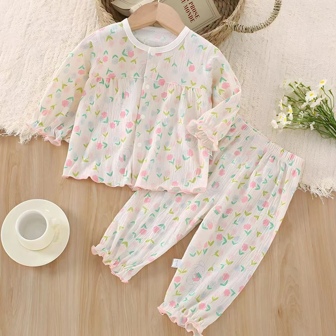 女宝宝分体套装小公主漂亮衣服薄款家居服春秋夏外穿服棉纱套装