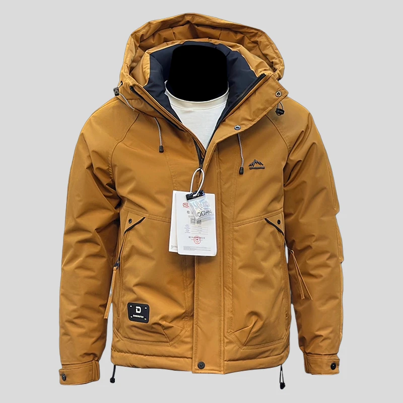 ohmmayby户外防风修身羽绒服男白鸭绒工装黑色青年连帽保暖冬外套