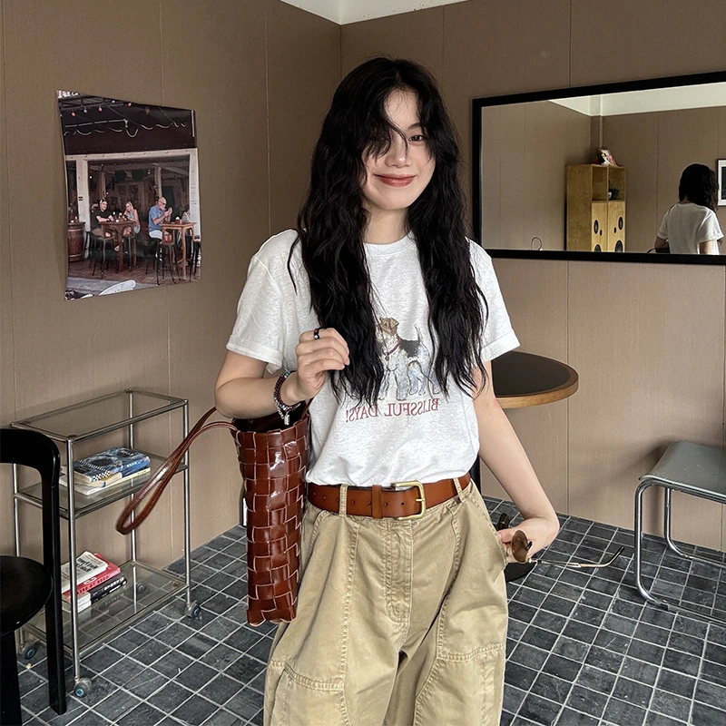 Seyora【菲林假日】欧若风棉麻小狗卡通T恤减龄百搭上衣 T33251SY52