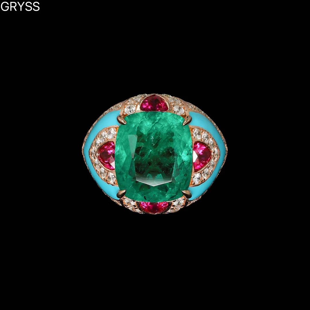 925银莫桑石戒指 GRYSS 缤纷枕形祖绿银戒指不掉色时尚YJCY384