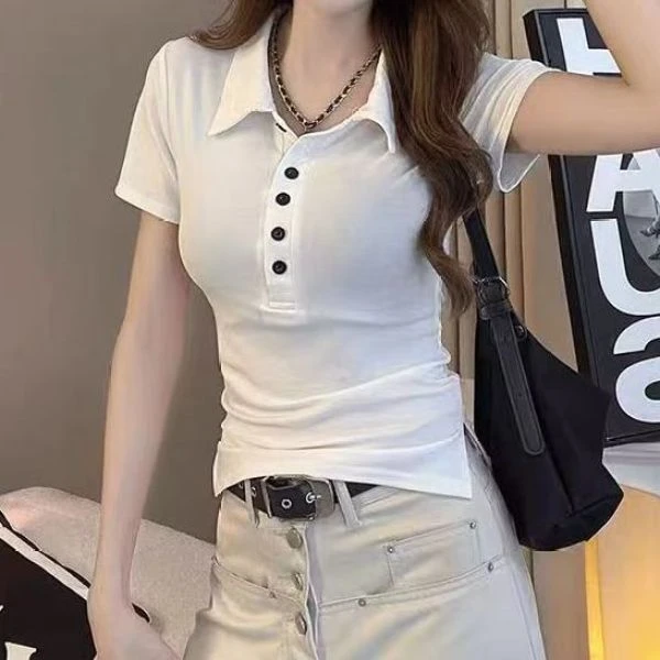 【胖瑶儿推荐】紧身POLO衫气质少女辣妹短袖修身显瘦T恤设计感25016