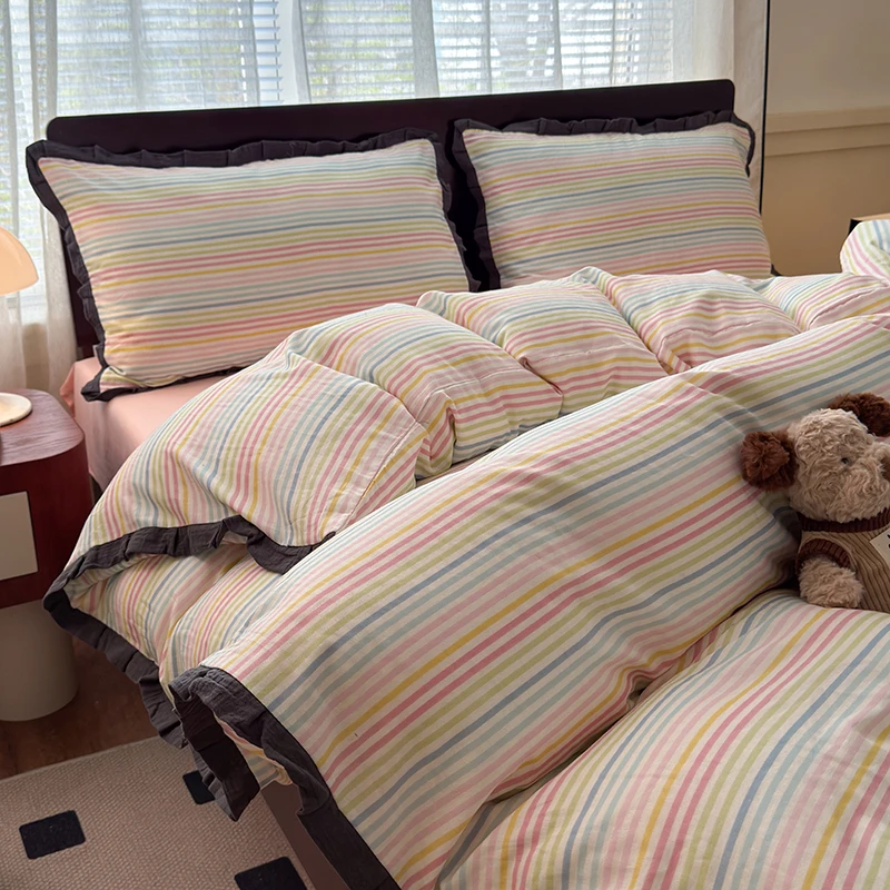 少女心彩虹日双层纱皱皱花边床上四件套纯棉100%全棉被套床单床笠