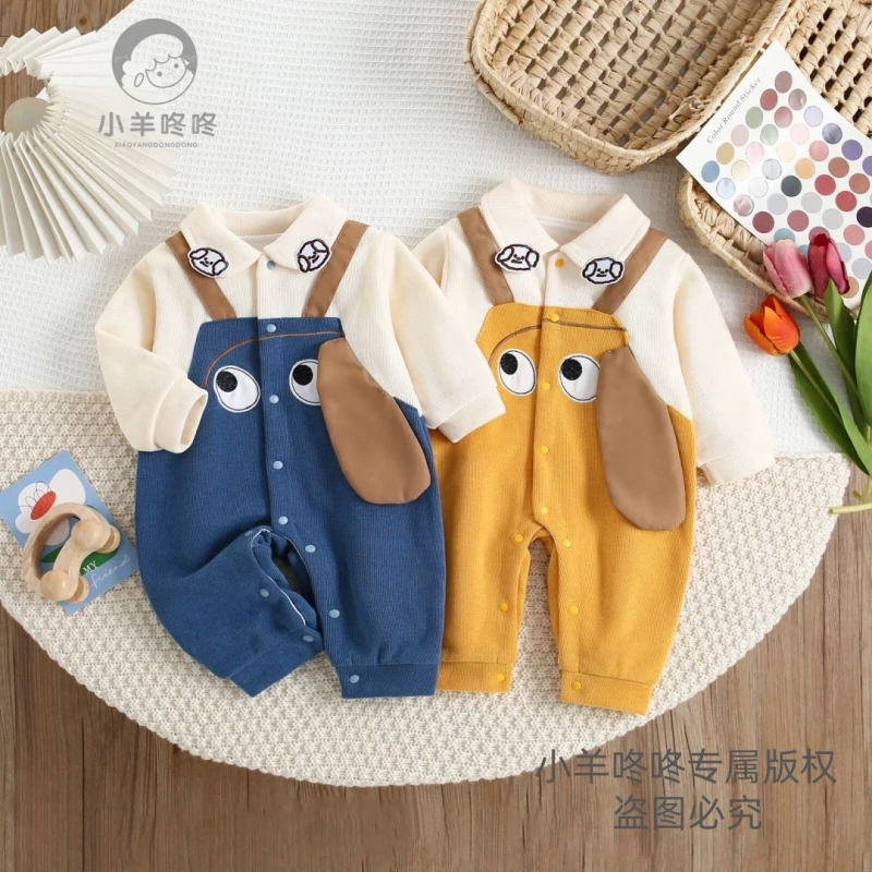 D新款婴幼儿宝宝可爱卡通立体大耳狗假背带裤长袖连体哈衣爬童装
