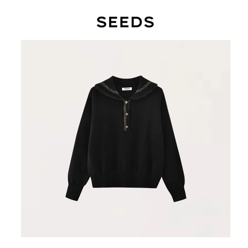 【克拉拉】SEEDS山羊绒Miu系航海风法式优雅金银丝钩花翻领针织衫
