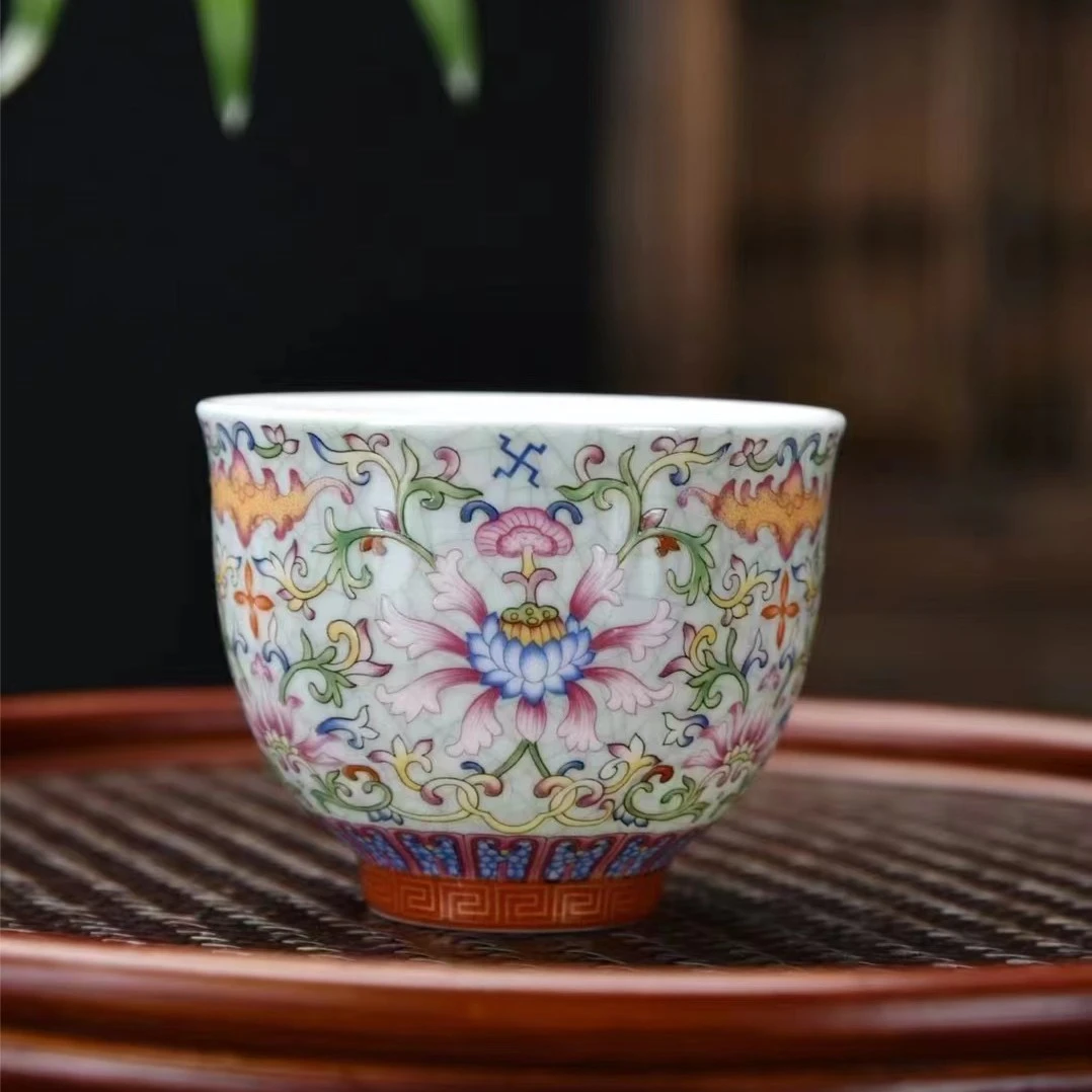 珐琅彩金地万花描金主人杯陶瓷品茗杯家用茶杯-4206