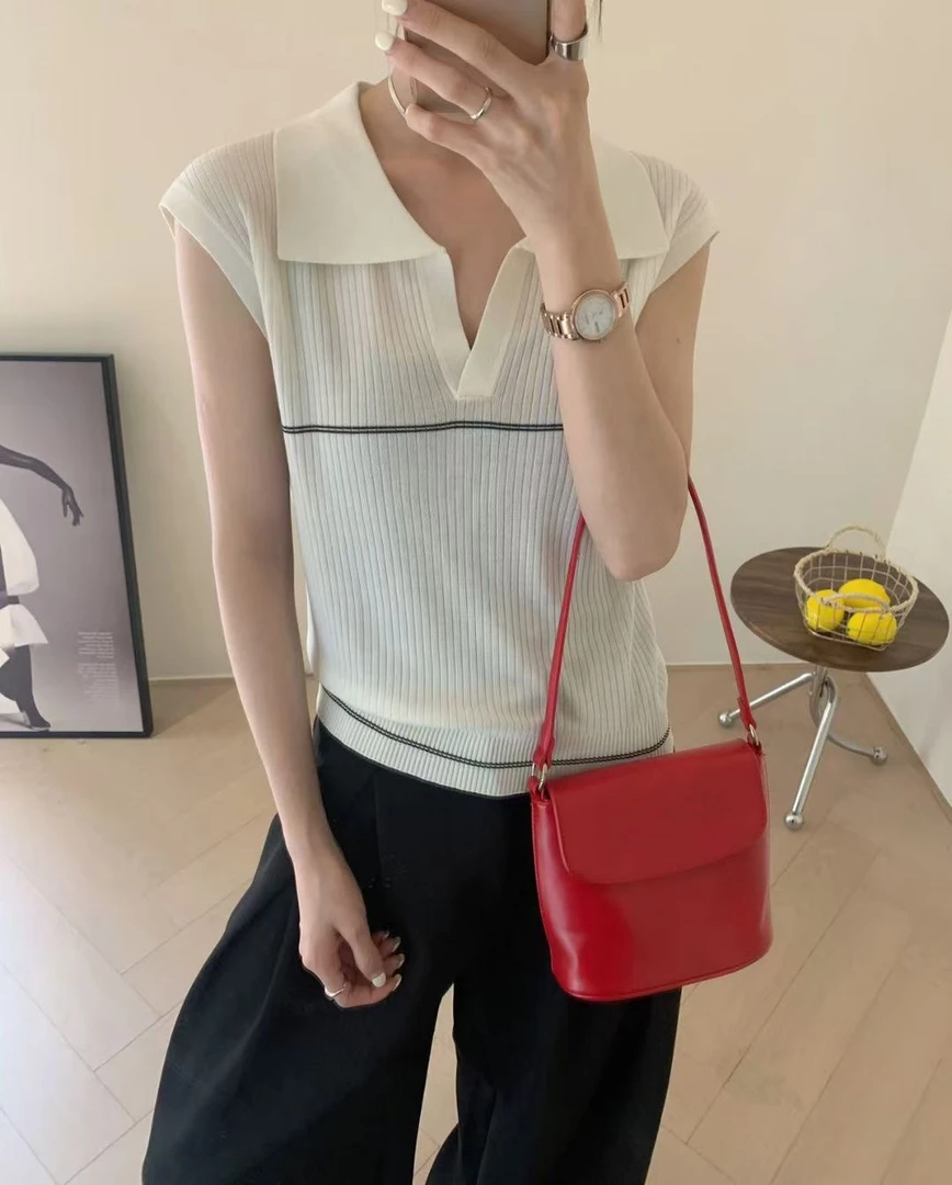 时尚撞色polo领无袖背心女夏季冰丝针织衫上衣休闲风薄款百搭坎肩