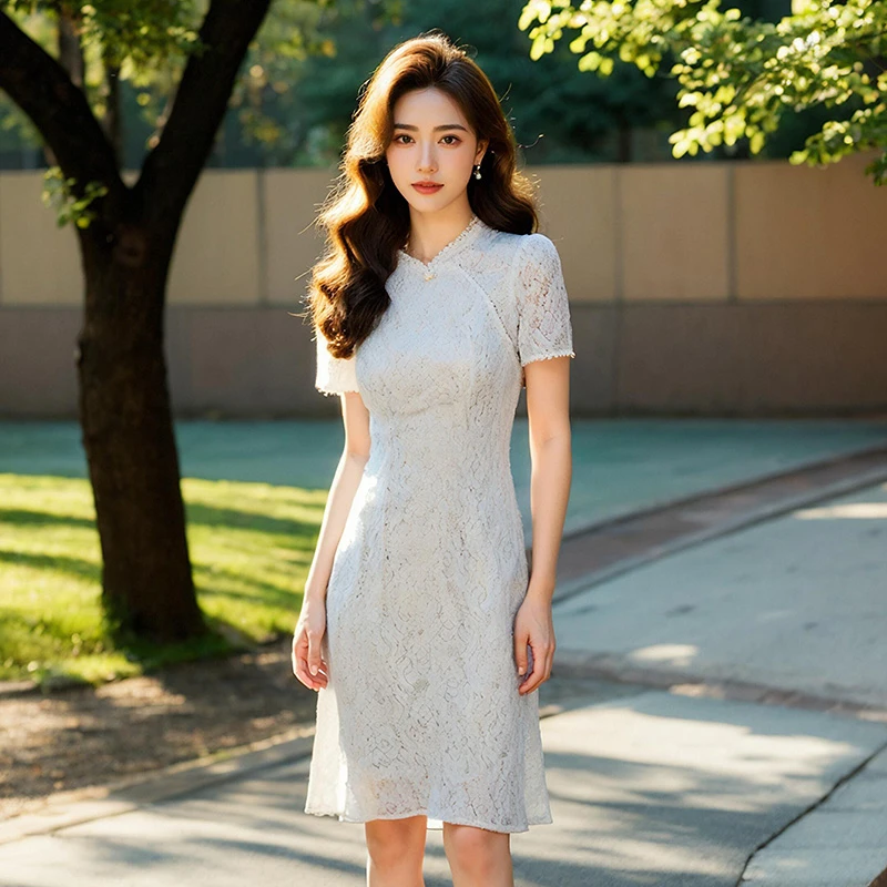 奢姿大码女装2025夏季胖妹妹时尚气质优雅复古短袖蕾丝立领连衣裙