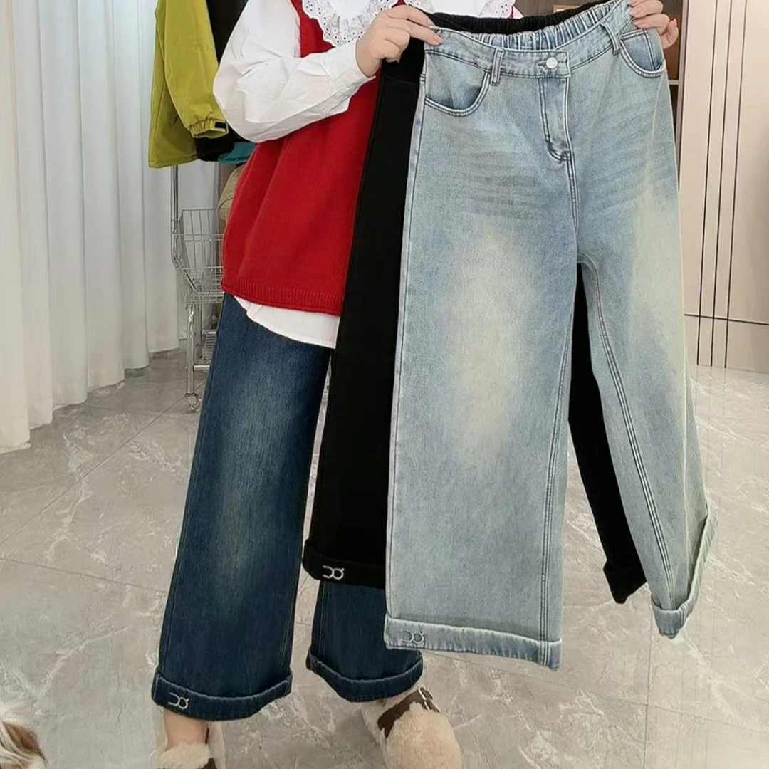 30072加绒裤脚两穿小个子必备直筒九分牛仔裤