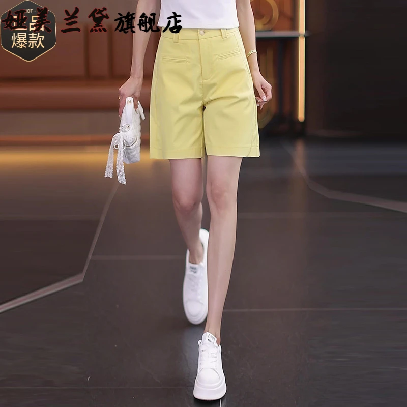 鹅黄色五分西装裤女夏季薄款2025新款高腰直筒休闲中裤阔腿热裤子