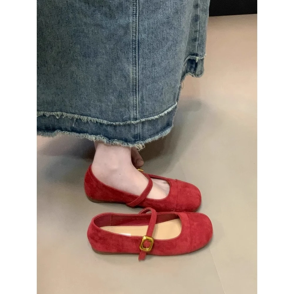 法式红色单鞋女2025春季新款平底复古温柔仙女玛丽珍鞋晚晚豆豆鞋