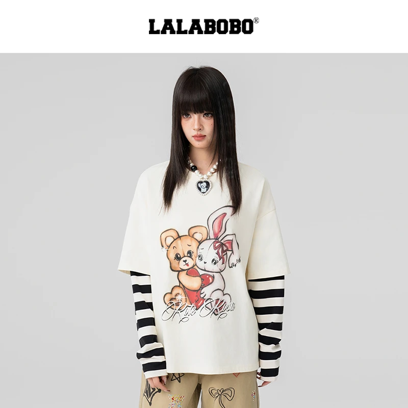 LAL025蛇年新款宽松印花圆领条纹拼接长袖T恤RBEA-DT13