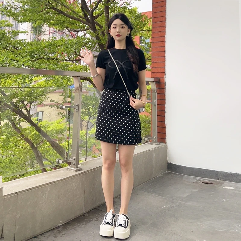 蝴蝶结短袖T恤夏季时尚小个子修身上衣波点半身裙短裙套装两件套