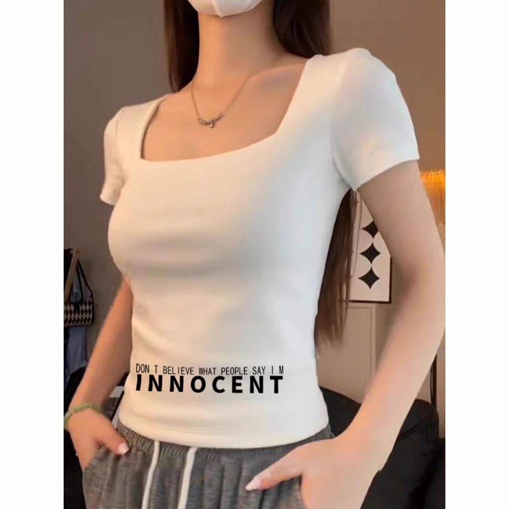 白色大领口方领短袖t恤女夏季洋气修身显瘦字母印花露锁骨上衣潮