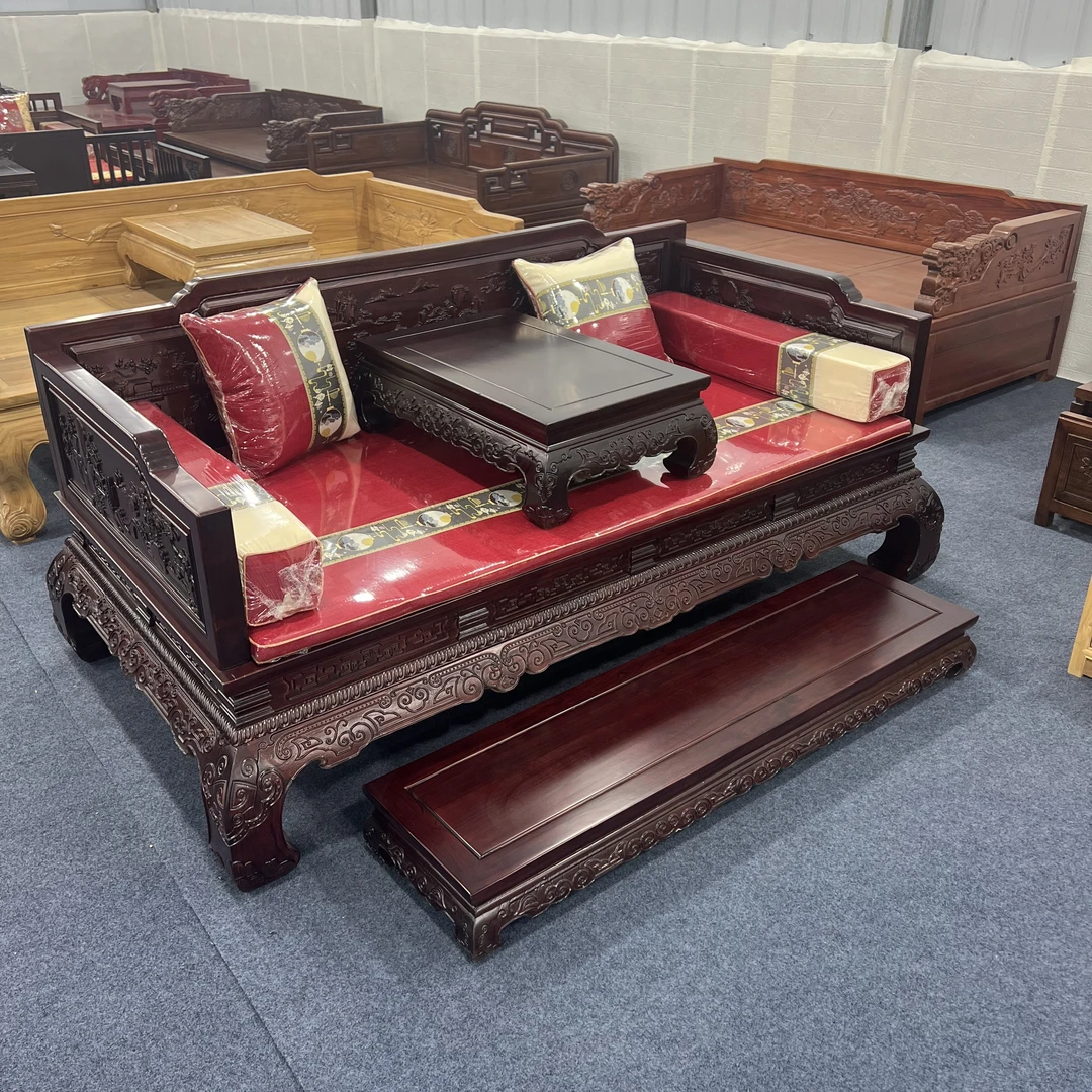 红木色北方老榆木罗汉床