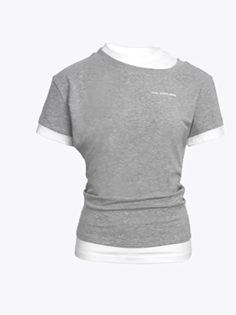 特清！秦岚同款Ann25 新品双领修身收腰短袖T恤设计师女