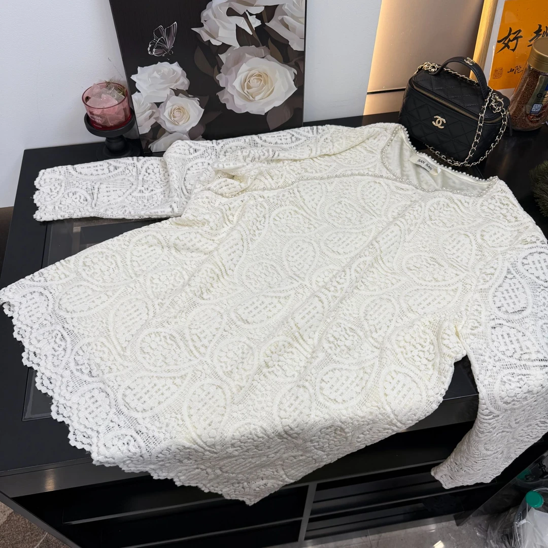 国风新中式女款镂空长袖袖口真貂毛上衣加绒圆领宽松型蕾丝衫加厚
